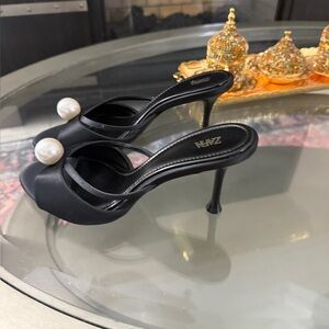 Zara Black Satin Heels with Pearl Accent